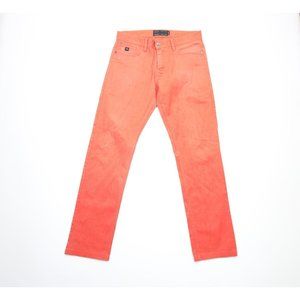 Vintage Oakley Mens 33x32 Slim Fit Spell Out Distressed Stretch Jeans Orange
